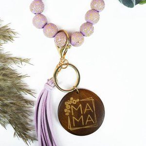 'Mama' Wood Charm Bracelet Keyring in Lavender